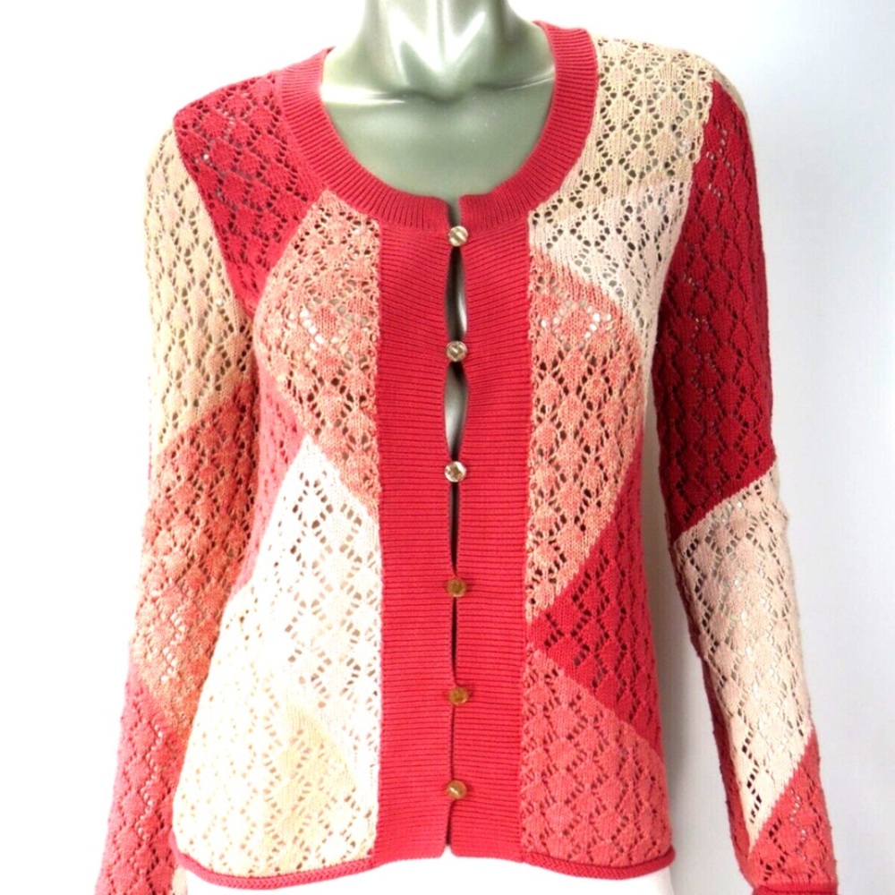 J Jill Crocheted Pink and Cream Women's Cardigan Sweater Size Large
